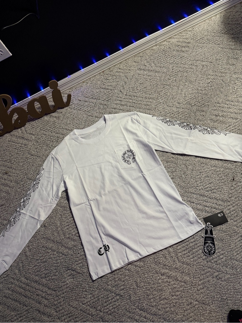 White Chrome Heart Long Sleeve Graphic Tee with Black Crest & Sleeve Motifs